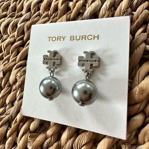 Tory Burch Logo Pearl Drop Earrings Silver
